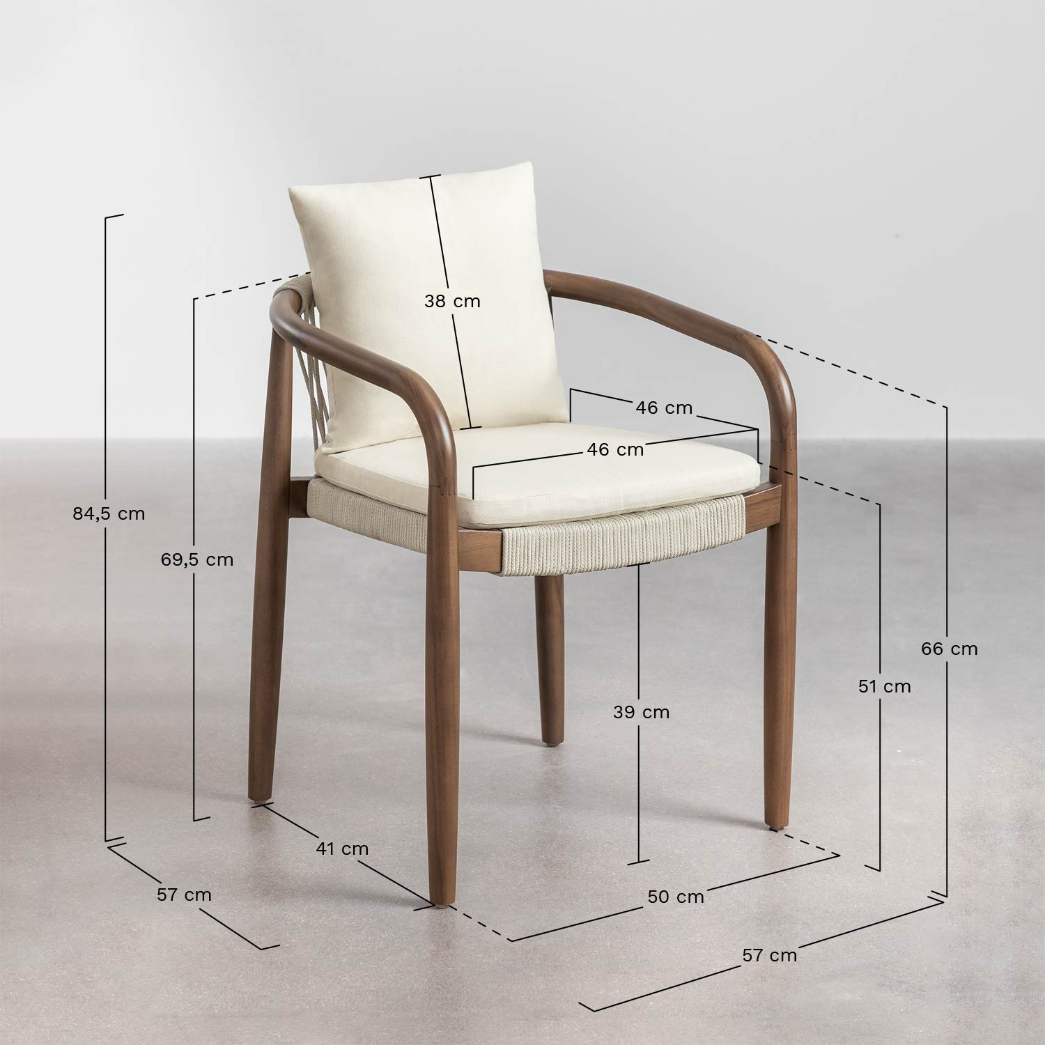 Giulia acacia dining chairs with armrests, set of 2, medidas