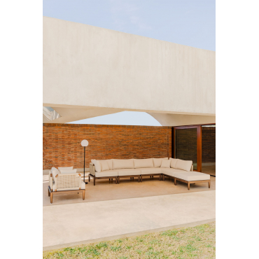 Garden Set With 5-piece Modular Corner Garden Sofa With Pouf And Armchair In Giulia Acacia Wood Beige Cream - Sklum