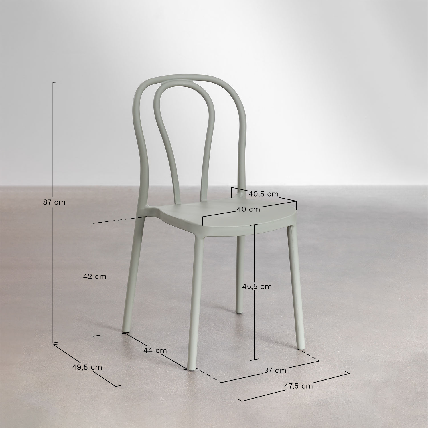 Set of Square Table in Polyethylene (85x85 cm) Scand and 4 Stackable Garden Chairs Mizzi, medidas