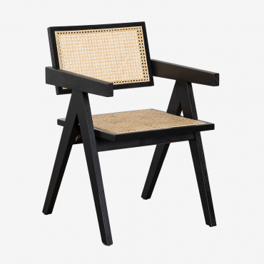 Lali Ash Wood And Rattan Dining Chair With Armrests Plain Black - Sklum