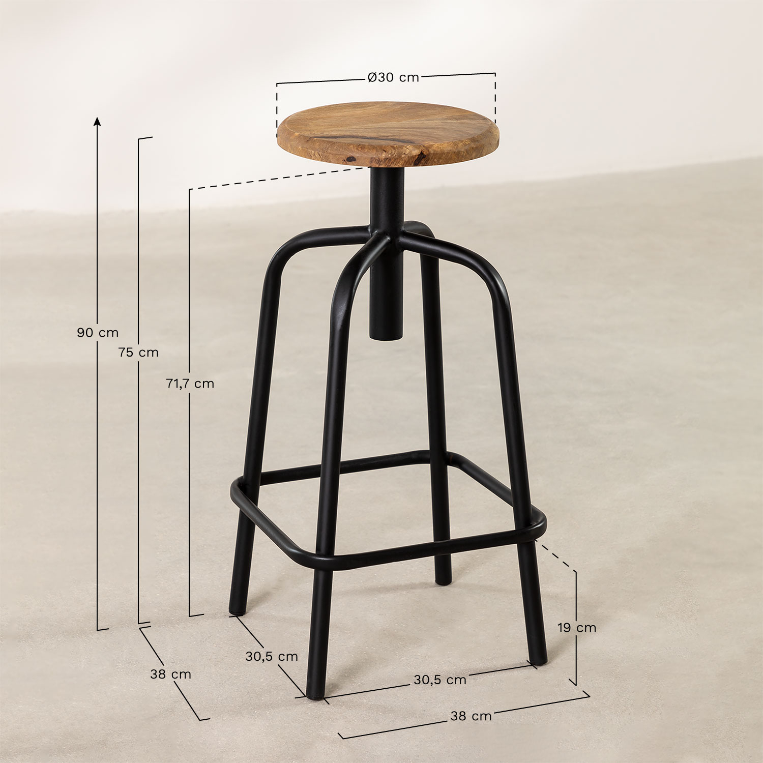 Adjustable High Stool in Steel and Wood Ery, medidas