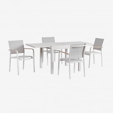 Extendable Dining Table Set 90-180x90 Cm In Starmi Aluminum And 4 Stackable Garden Chairs In Archer Aluminum Gardenia White - Sklum