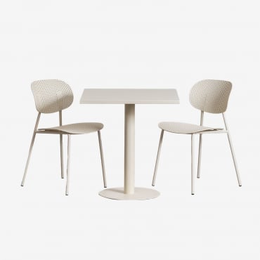Mizzi 70x70 Cm Square Table Set And 2 Tupah Garden Chairs In Polypropylene And Iron Tapioca Beige - Sklum