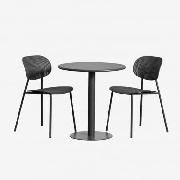 Mizzi Ø70 Cm Round Table Set And 2 Tupah Garden Chairs In Polypropylene And Iron Grey Graphite - Sklum