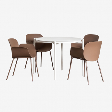 Elton Round Aluminum Table Set (ø110 Cm) And 4 Lynette Garden Chairs Brown Caramel - Sklum