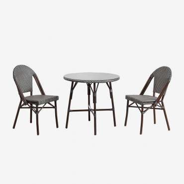 Round Table Set Ø80 Cm And 2 Stackable Dining Chairs In Aluminum And Synthetic Rattan Brielle Bistro Grey Graphite - Gardenia White - Sklum