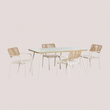 Rectangular Table Set 160 X 90 Cm And 4 Stackable Dining Chairs In Braided Rope Arhiza Tapioca Beige - Sklum