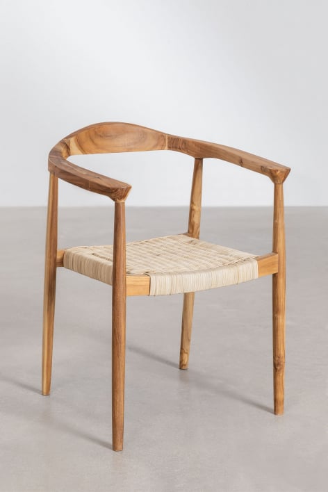 Kiemer rattan and teak wood dining chair with armrests