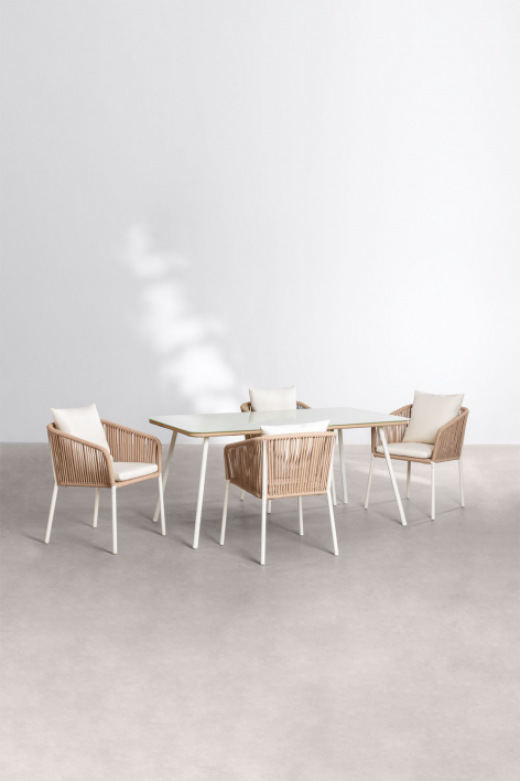 Rectangular dining table set 160x90 cm and 4 dining chairs in braided rope Arhiza Classic