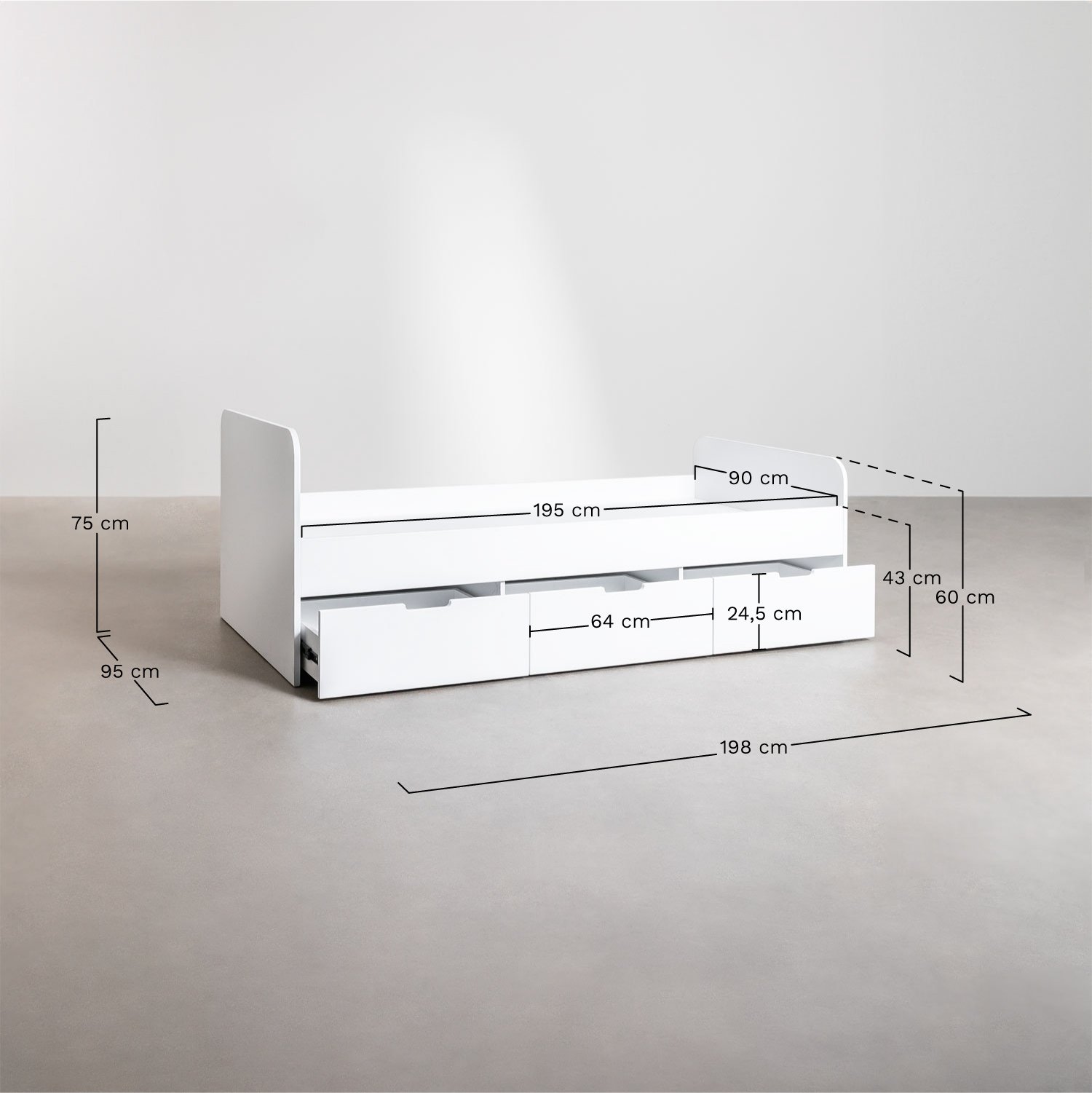 Bed for 90x190 cm mattress with 3 MDF drawers Janete, medidas