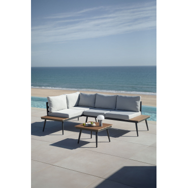 Garden Set With 4-seater Corner Sofa And Coffee Table In Aluminium And Wood Nadi Black - Grey - Sklum