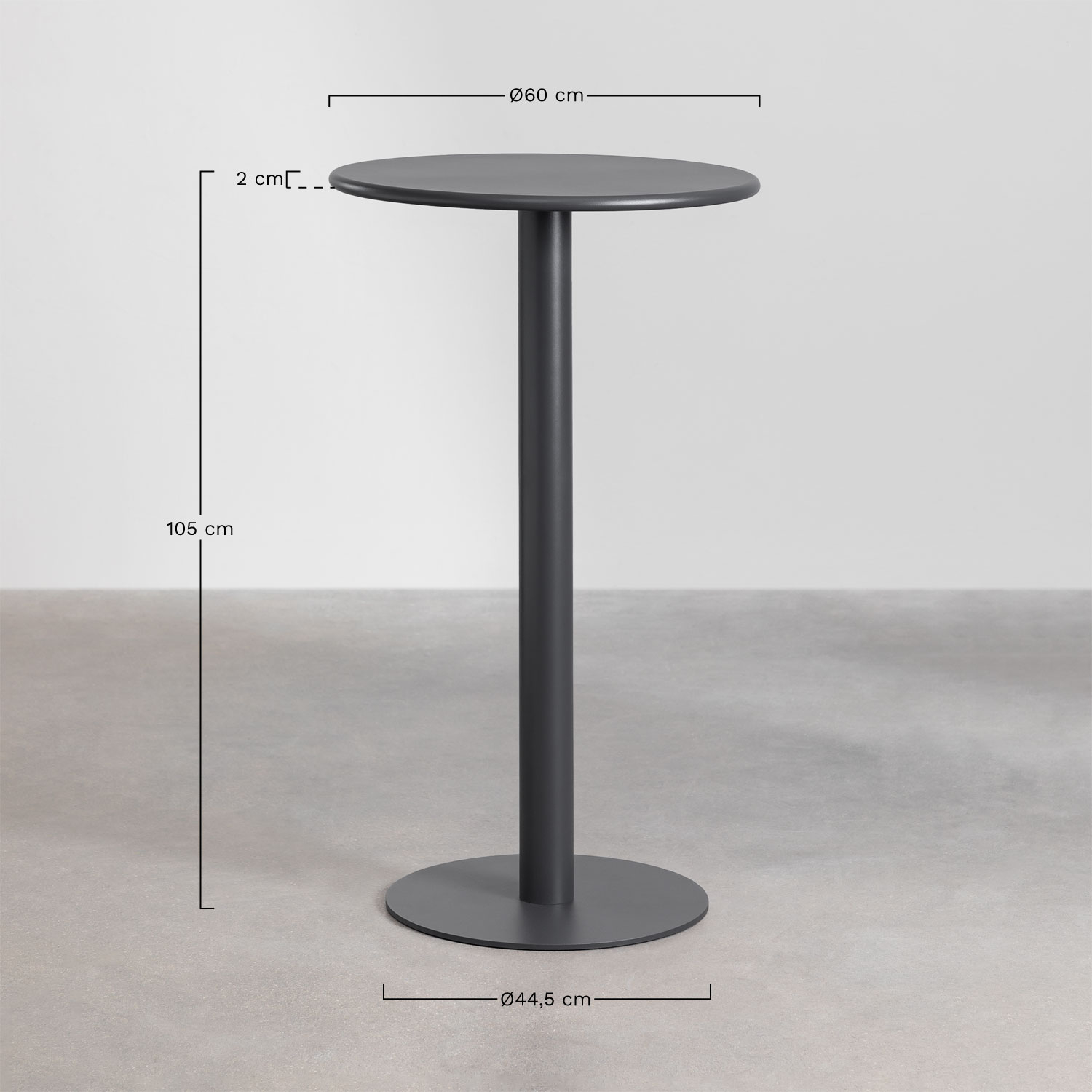 Mizzi Ø60 cm round high table set and 2 Omara metal garden bar stools, medidas