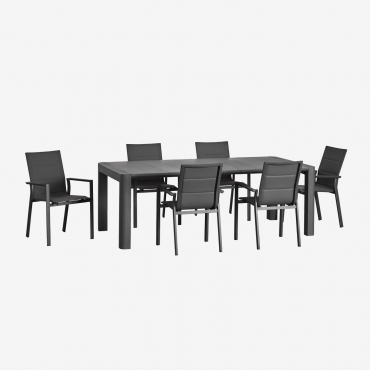 Arnadine Rectangular Table Set (180x100 Cm) And 6 Karena Aluminum Stackable Garden Chairs Grey Graphite - Sklum