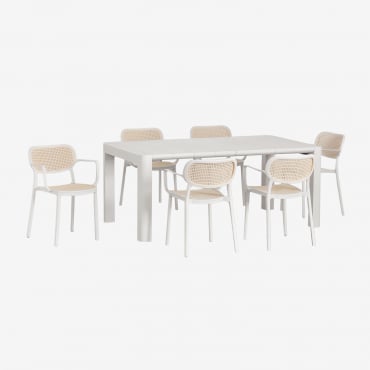 Arnadine 180x100 Cm Rectangular Table Set And 6 Stackable Dining Chairs With Armrests In Omara Polypropylene Gardenia White - Sklum