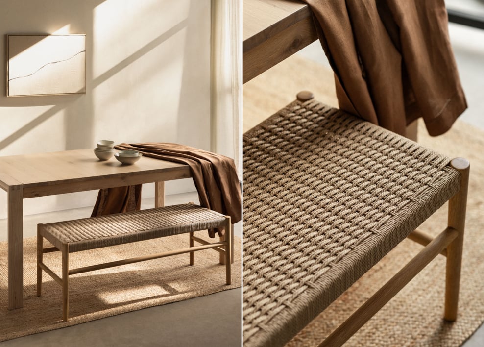 Mara 120 cm bench in oak wood and braided rope