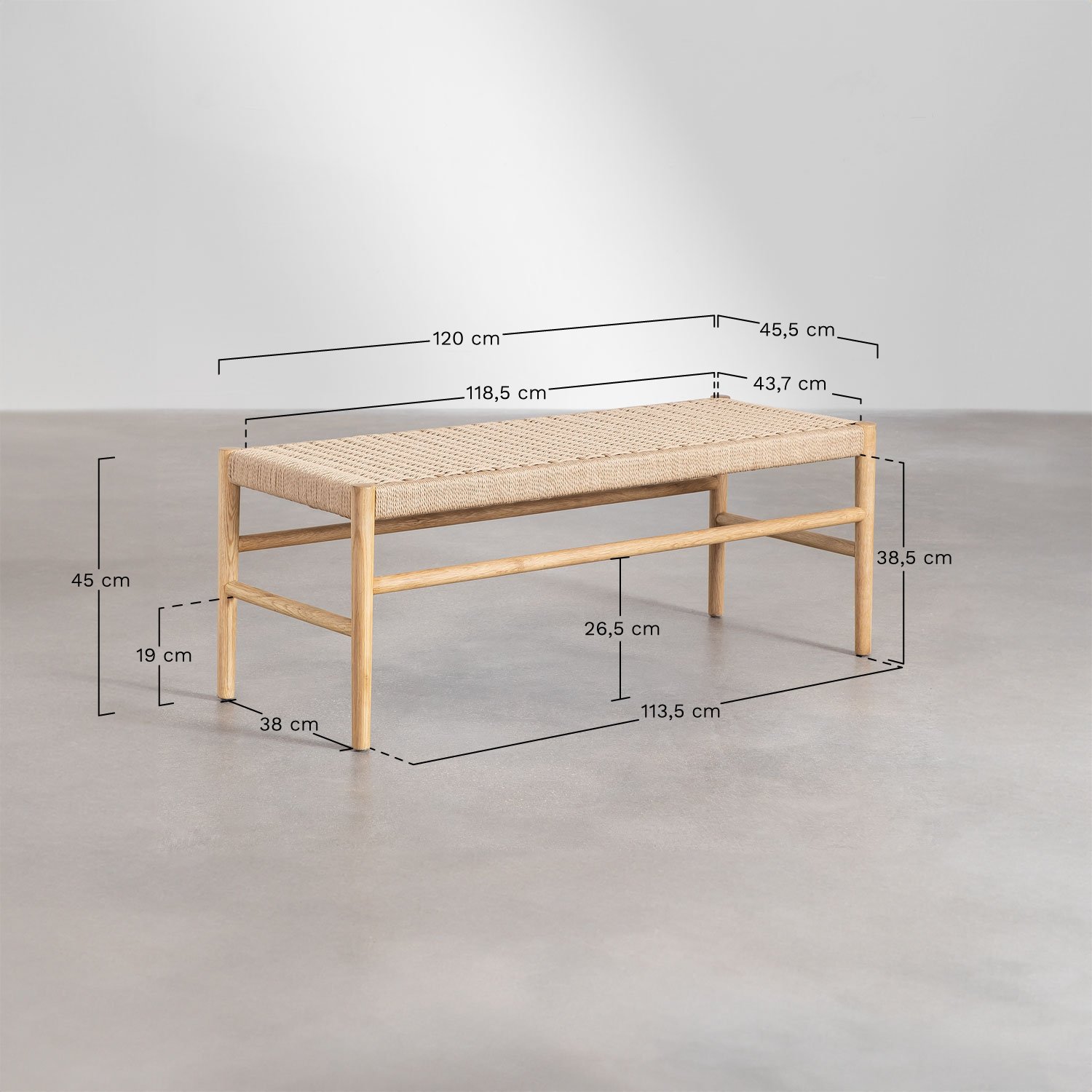 Bench in oak wood and braided rope Mara, medidas