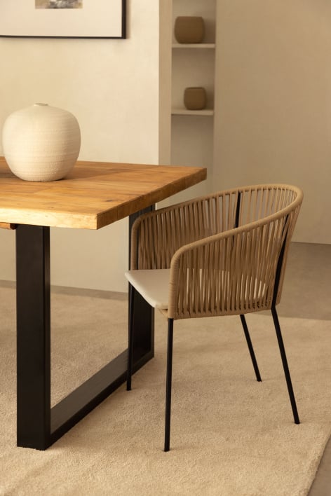 Jocelyn dining chair with iron armrests and braided rope