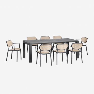 Arnadine Rectangular Table Set (220x100 Cm) And 8 Stackable Dining Chairs With Omara Armrests Grey Graphite - Sklum