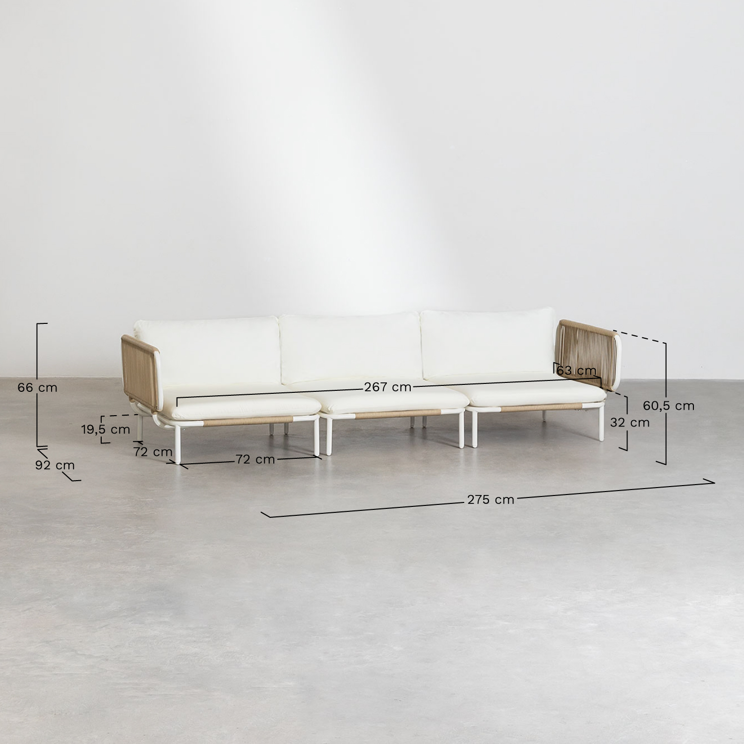 3-piece modular garden sofa with 2 corner armchairs, pouf and Roubly armchair, medidas