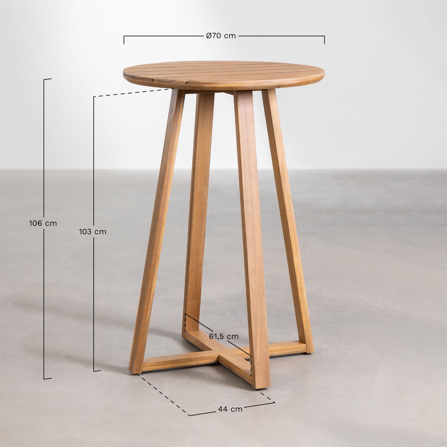 Round garden high table Ø70 cm in acacia wood Magda, medidas