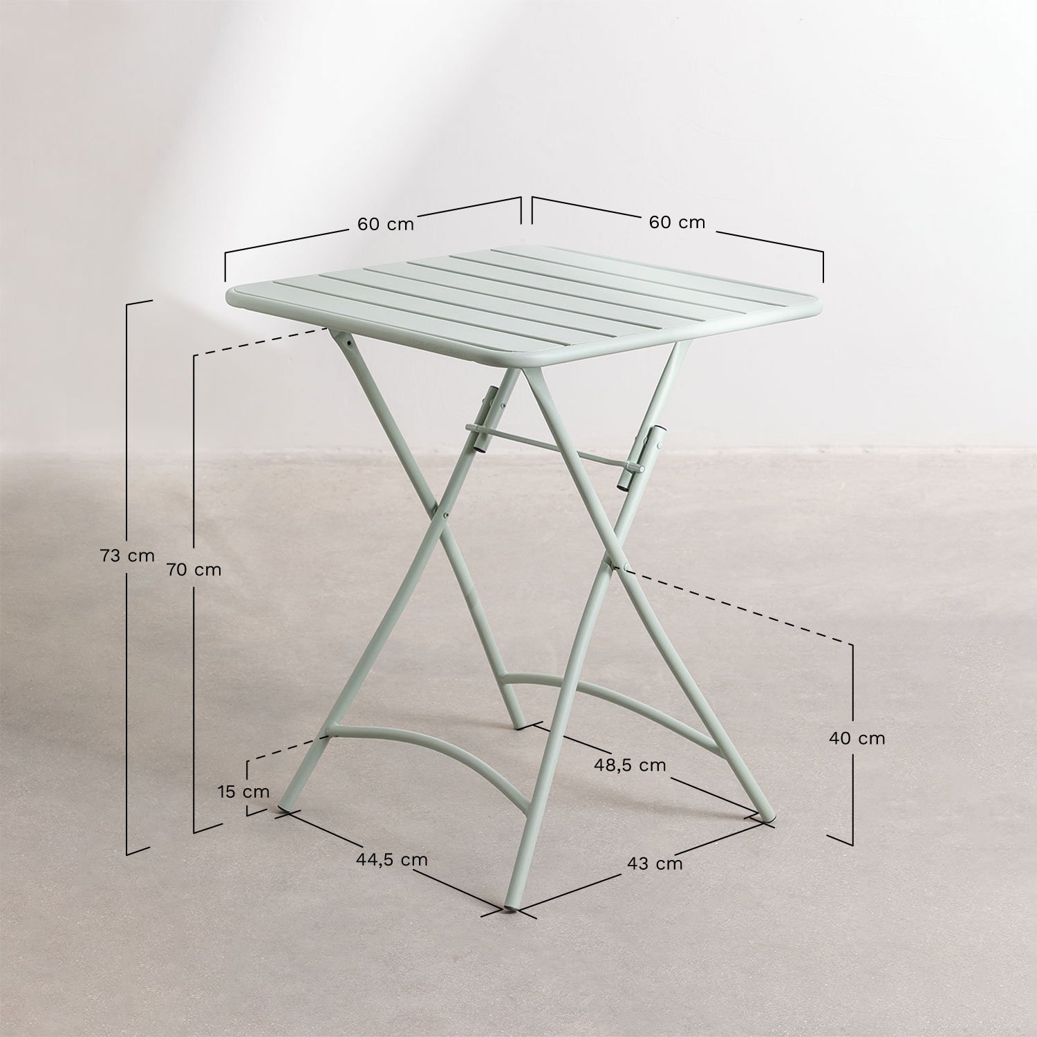 Foldable square kitchen table 60x60 cm in steel Janti, medidas
