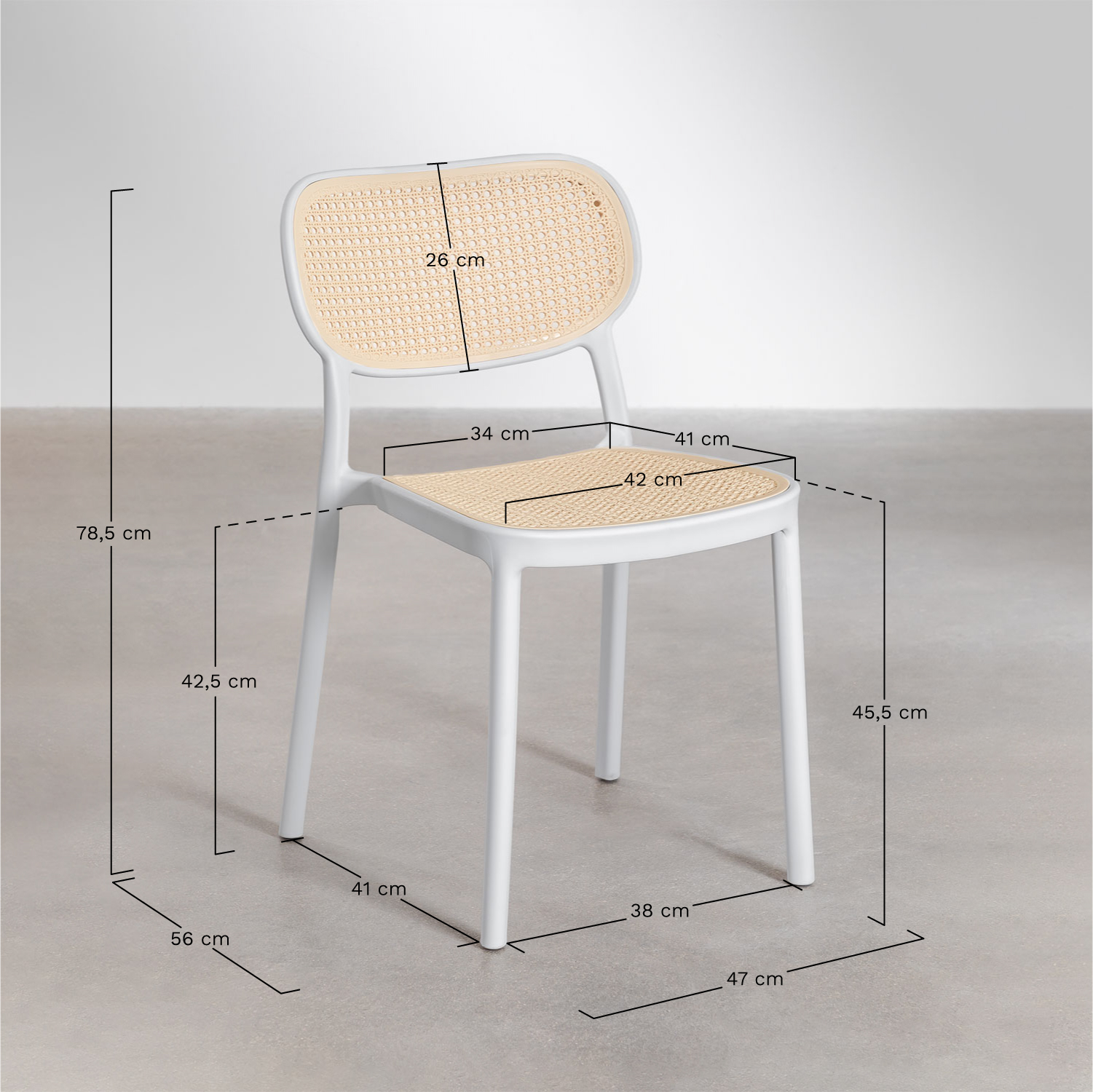 Arnadine Rectangular Table Set (140x100 cm) and 4 Omara Stackable Garden Chairs, medidas
