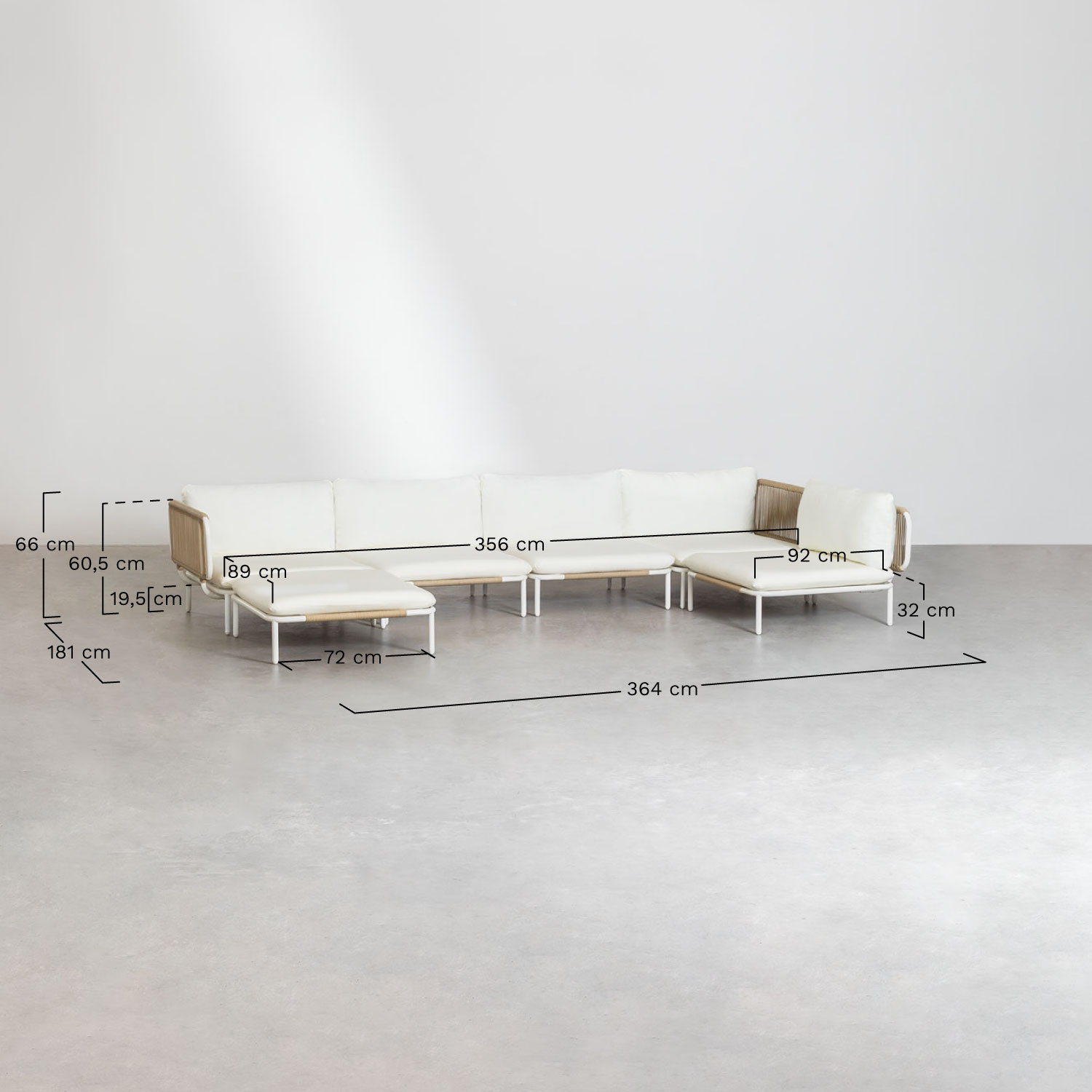 5-piece modular garden corner sofa and Roubly pouf , medidas