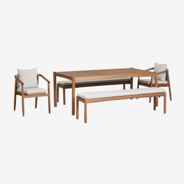 Rectangular Table Set (200x100 Cm), 2 Benches And 2 Dining Chairs With Armrests In Eucalyptus Wood Aderyn Natural Wood - Sklum