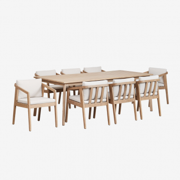Rectangular Table Set (220x100 Cm) And 8 Garden Chairs In Kaela Acacia Wood Fabric Gardenia White - Sklum