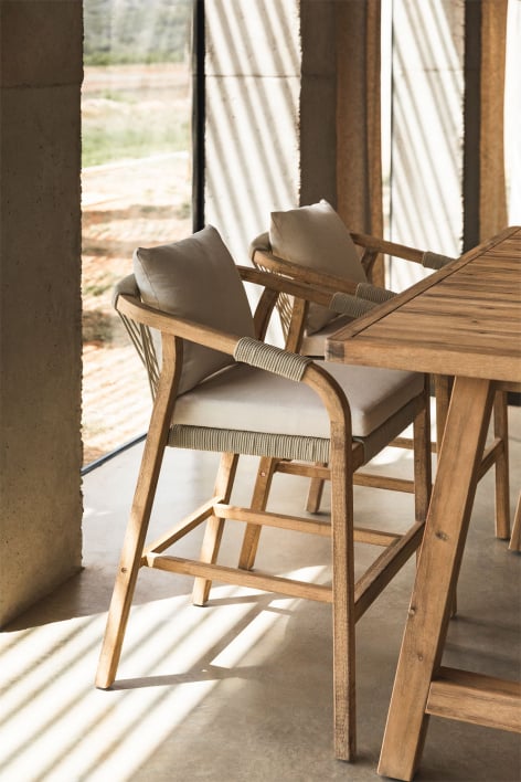 High stool 75 cm in rustic finish acacia wood and gardenia white cushion Dubai