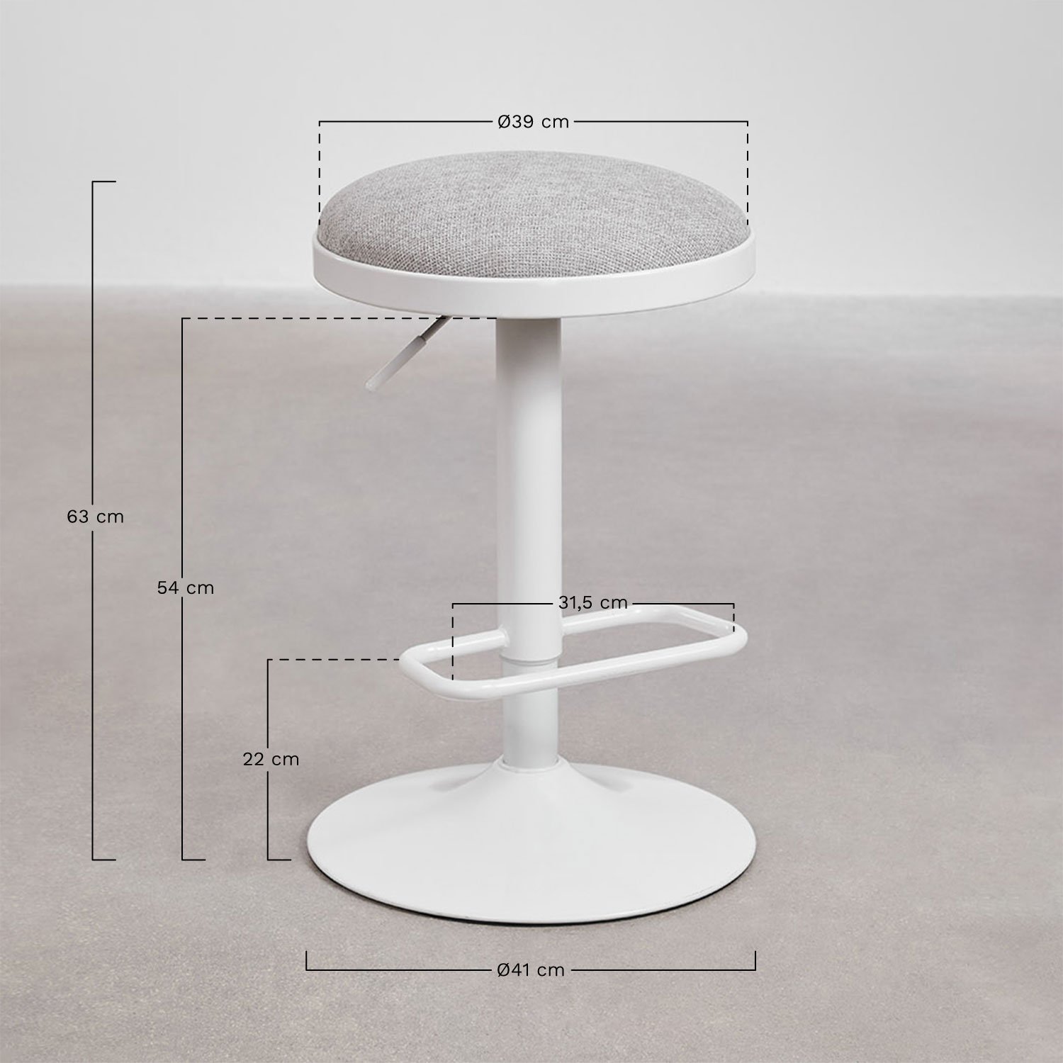 Igarasi adjustable high stool in metal and fabric, medidas
