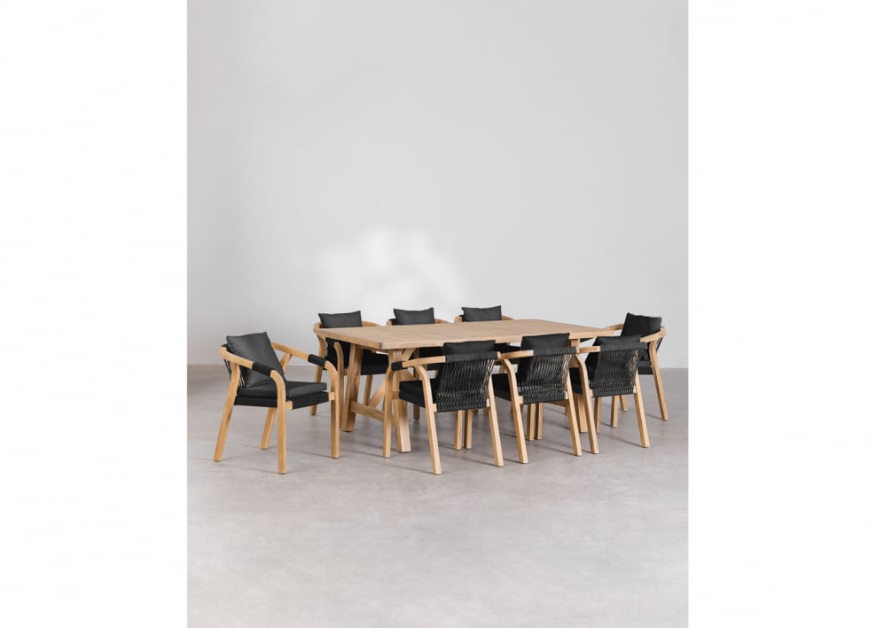 Rectangular dining set 200x100 cm rustic brown acacia with 8 dining chairs Dubai - Rustic Acacia Brown