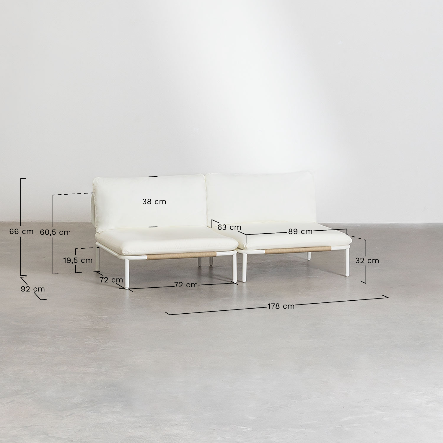 Roubly 2-piece modular sofa garden set with pouf and coffee table, medidas