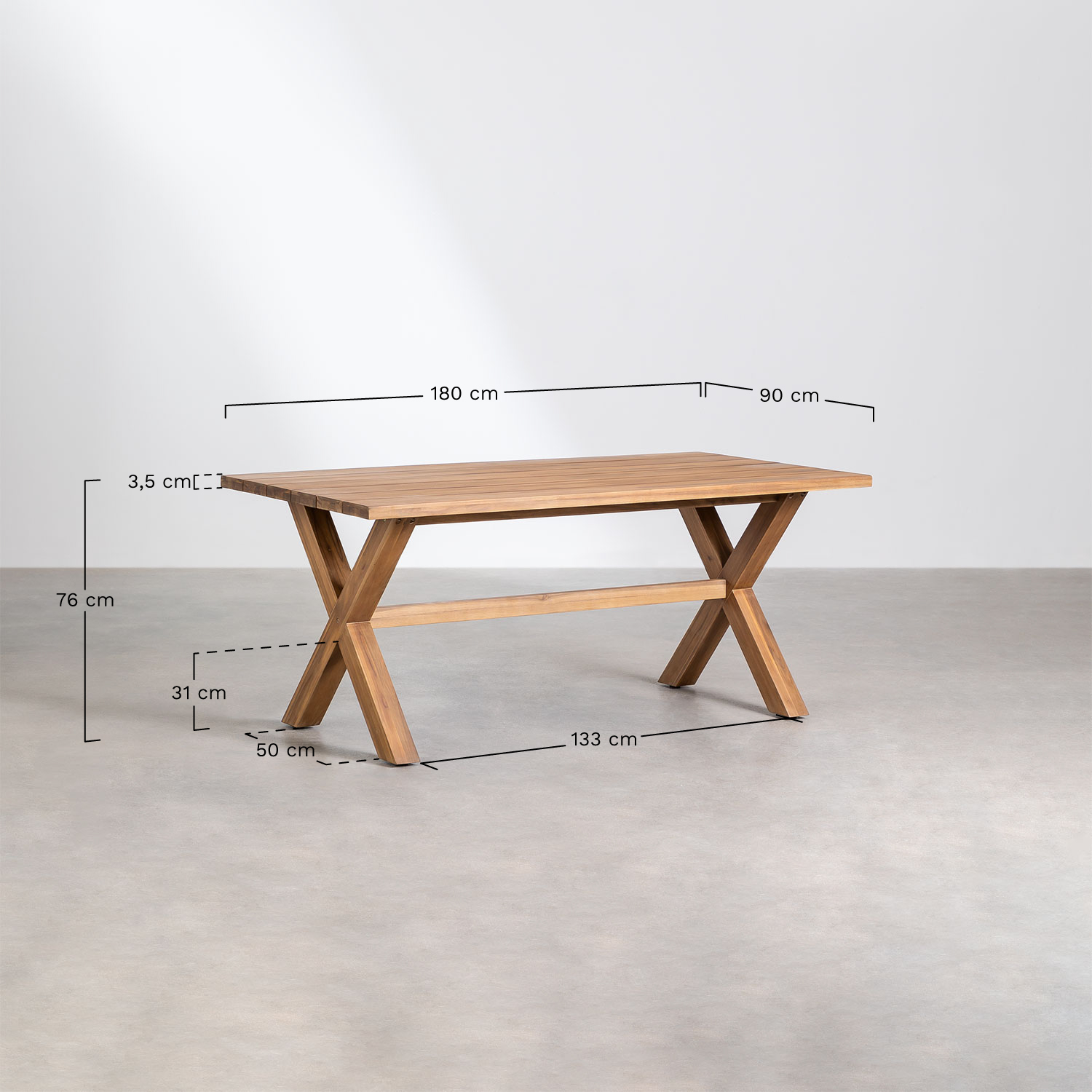 Rectangular garden table 180x90 cm in acacia wood Giada, medidas