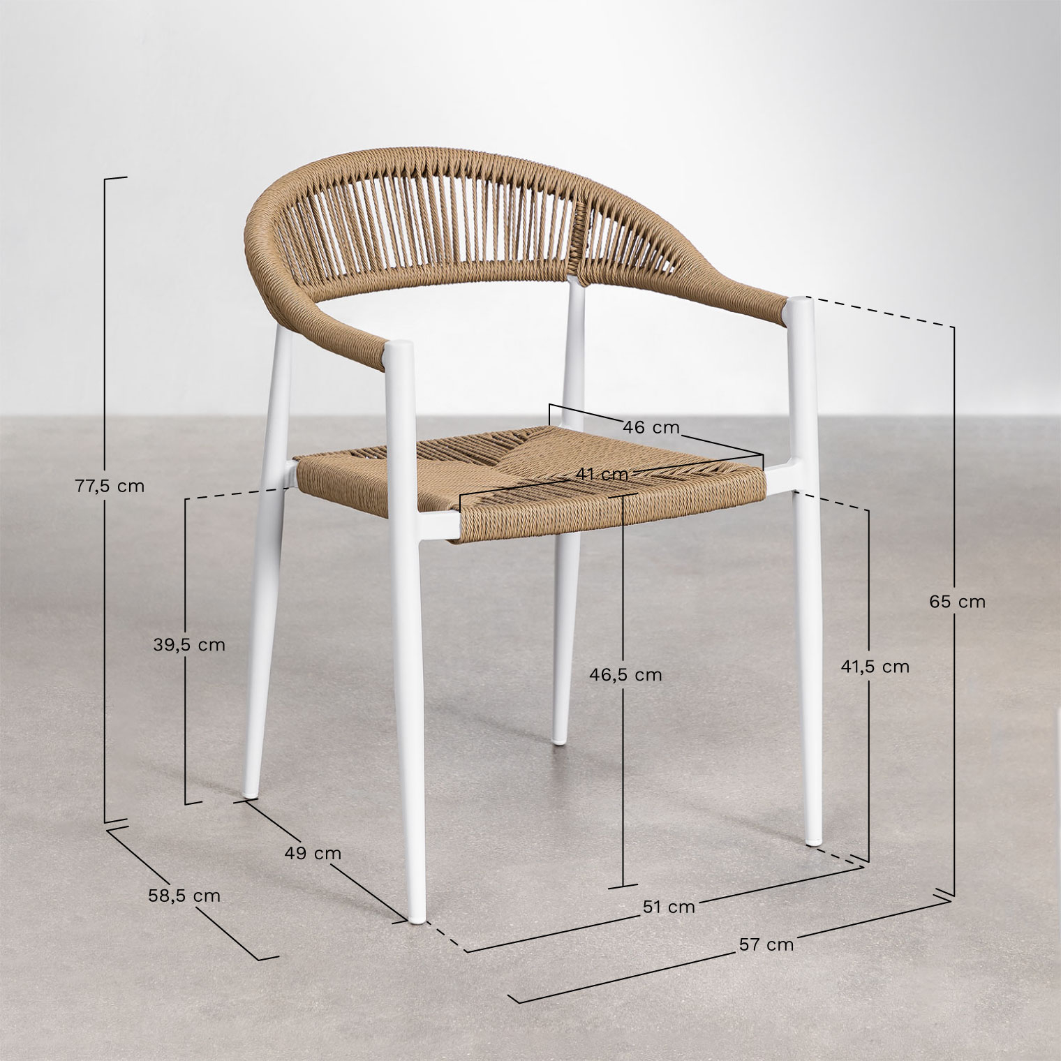 Pack of 4 stackable garden chairs with armrests in aluminium and synthetic rattan Amatria, medidas