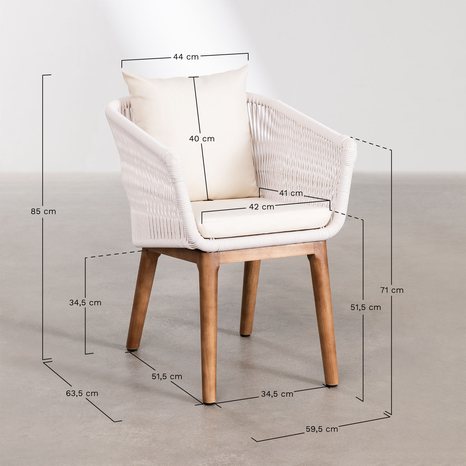 Barker garden chair in acacia wood and braided rope, medidas