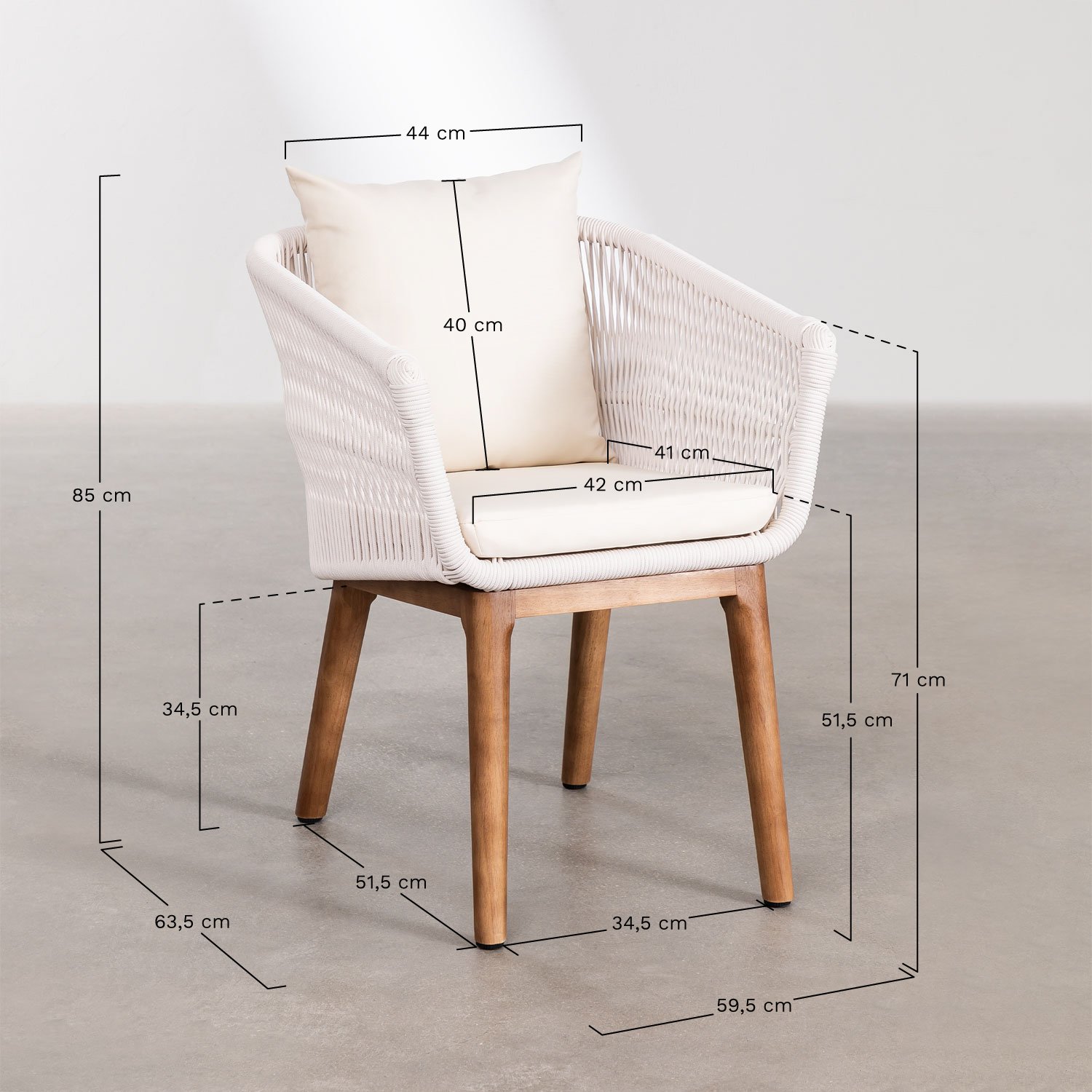 Barker acacia wood and woven rope dining chair set of 4, medidas