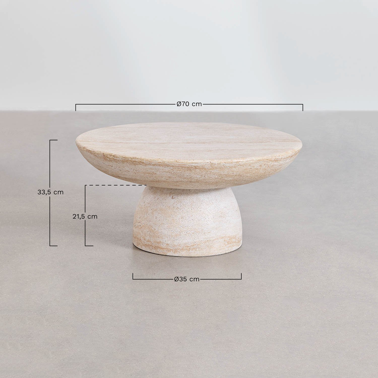 Round coffee table Ø70 cm in travertine cement look Zenadia, medidas
