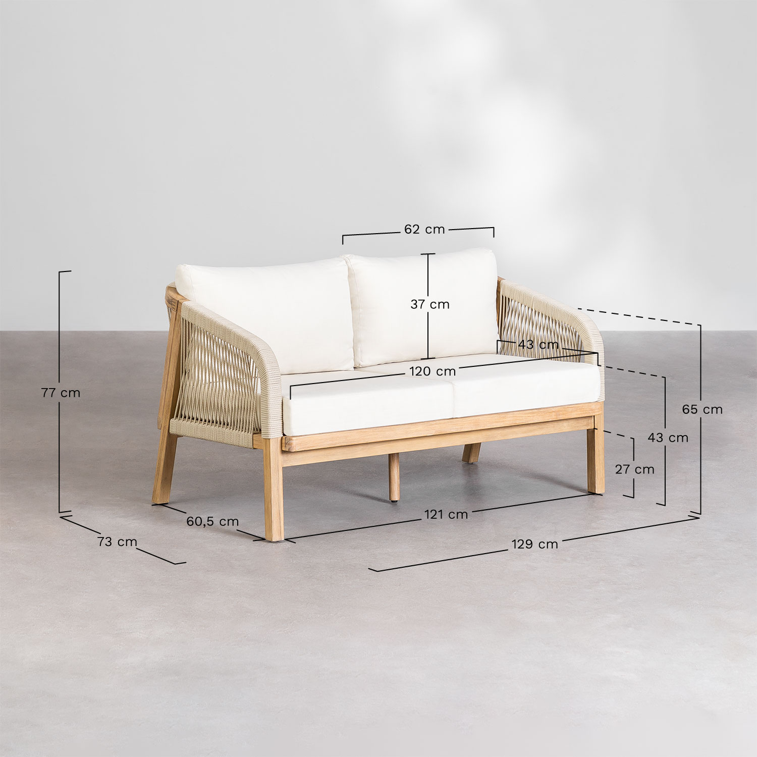 2-seater garden sofa in acacia wood Dubai, medidas