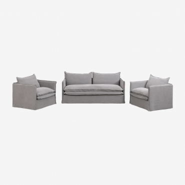 Living Room Set With 3-seater Sofa And 2 Armchairs In Grace Linen And Cotton Fabric Dark Grey - Sklum
