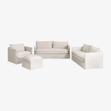 Living Room Set With A 2-seater Sofa, A 3-seater Sofa, An Armchair, And A Pouf In Linen And Cotton Grace Fabric Beige - Sklum