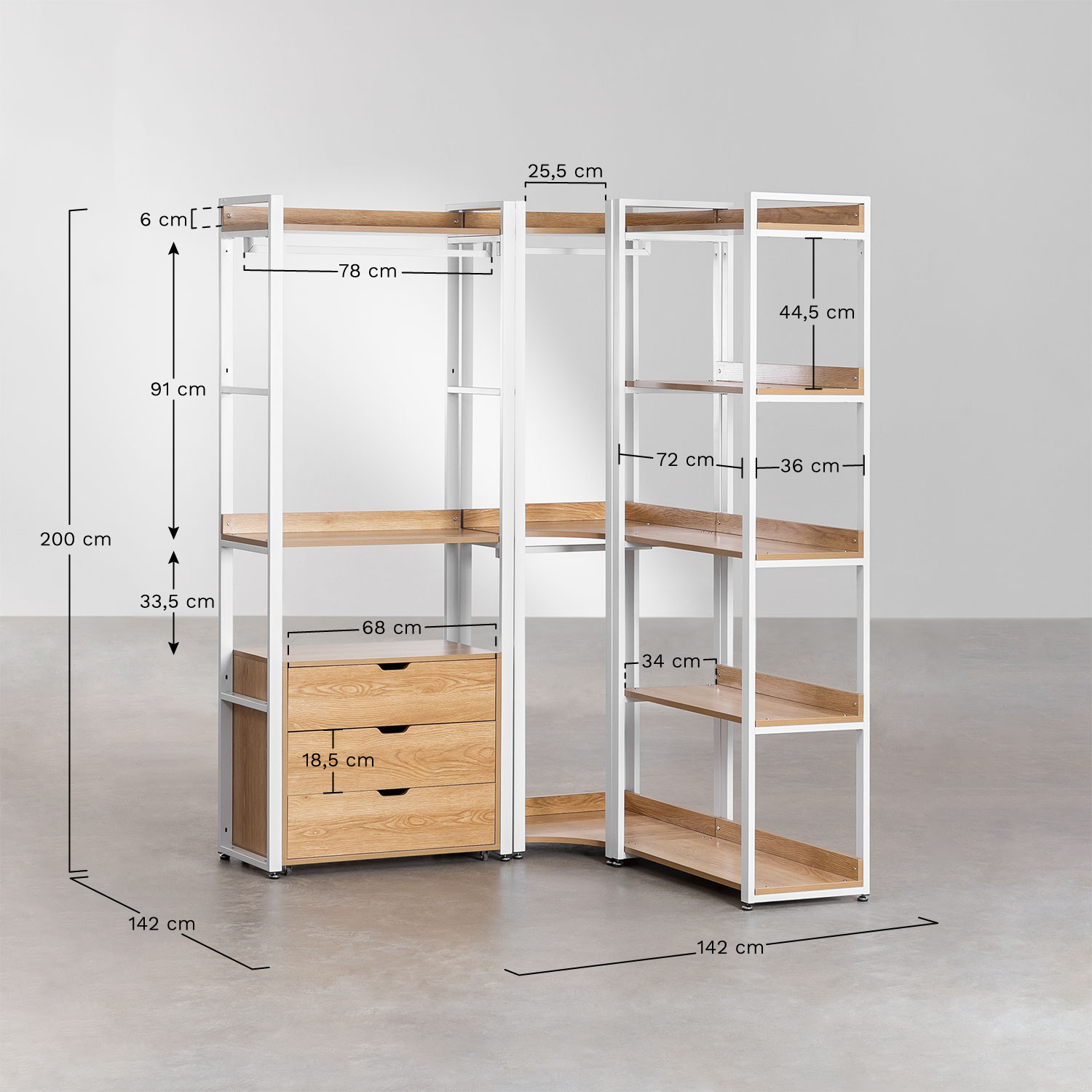 3-piece corner open modular wardrobe with steel and MDF drawers Ariaster, medidas