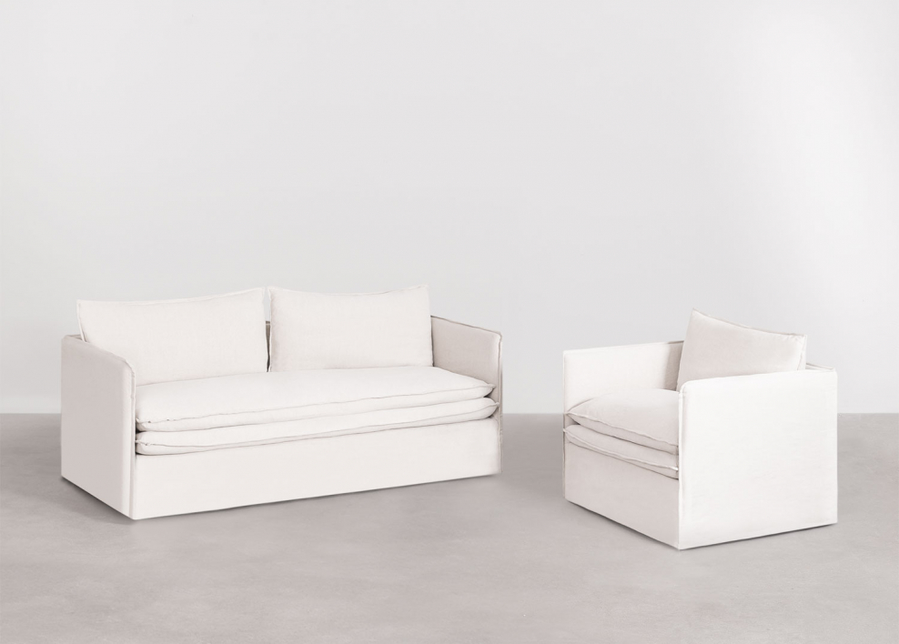 Living room set with 3-seater sofa and armchair in linen and cotton Grace