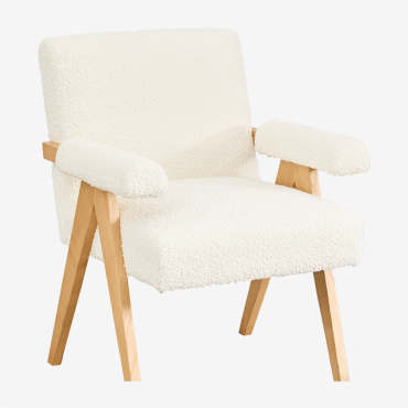 Dining Chair With Armrests In Wood And Bouclé Fabric Lucca White Bouclé - Sklum