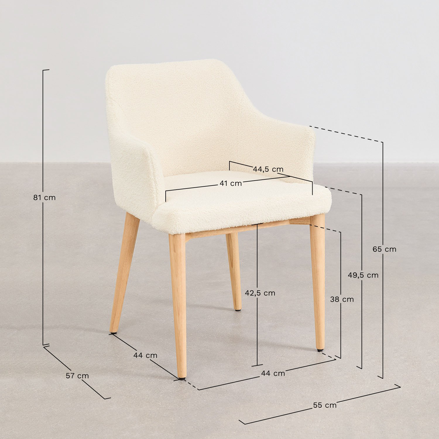 Pack of 4 Banfil sheepskin dining chairs with armrests, medidas