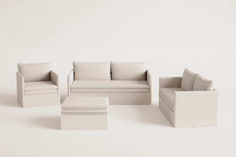 Living room set with 2-seater sofa, 3-seater sofa, armchair and pouf in Grace linen and cotton