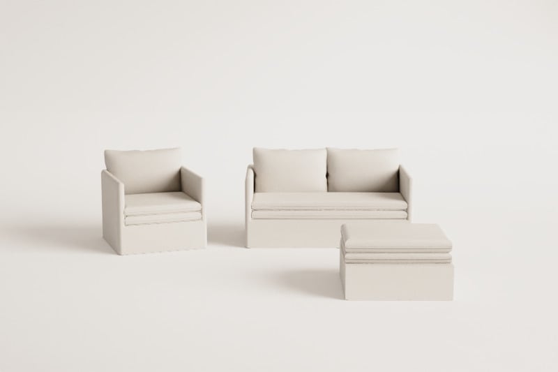 Grace linen and cotton living room set with 2-seater sofa, armchair and pouf