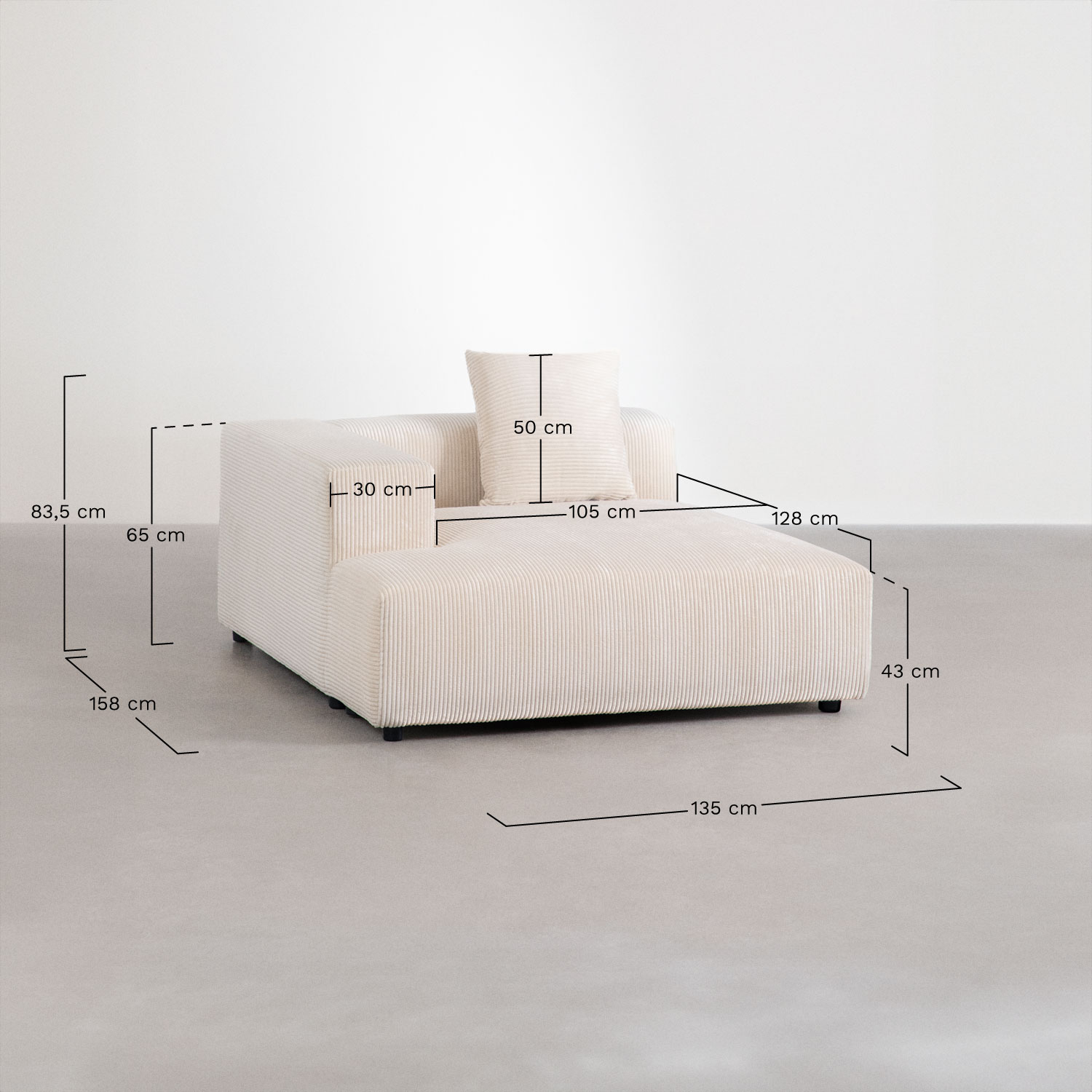 Left chaise longue module with cushion for Bruna modular sofa, medidas