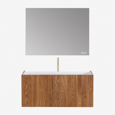 Bathroom Furniture Set In Wood With Integrated Sink Fiore Dark Brown Wood & Rectangular Led And Antifog 120x90 Cm Sivren & Golden ↑30 Cm - Sklum