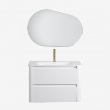 Egerton Wooden Bathroom Furniture Set With Integrated Sink White & Oval Led And Anti-fog 100x65 Cm Meunier & Golden ↑20 Cm With Overflow - Sklum